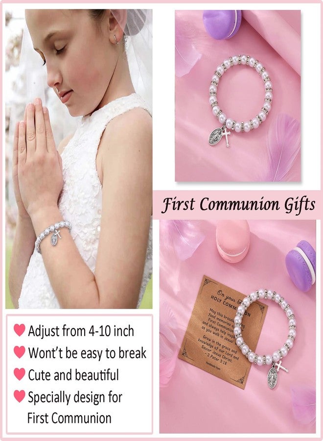 Korotho First Communion Bracelet Gifts for Her Catholic, First 1st Holy Communion Pearl Baptism Bracelets for Women Religious Gift Christening Communion Jewelry Card Favor for Goddaughter (FCPearl) - Image 2